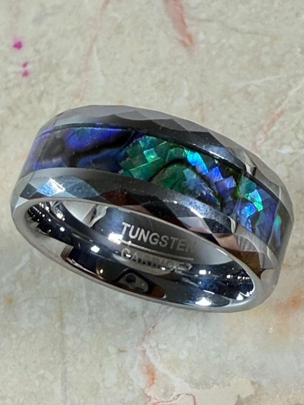 Tungsten Ring with Blue-Green Abalone Inlay, Size 7.75”